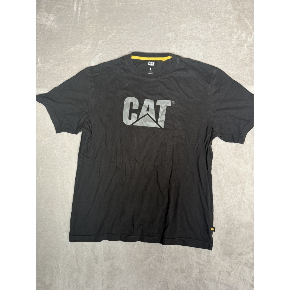 CAT Logo Graphic Print Mens L Black Cotton Knit Crew Neck Short Sleeve Tee